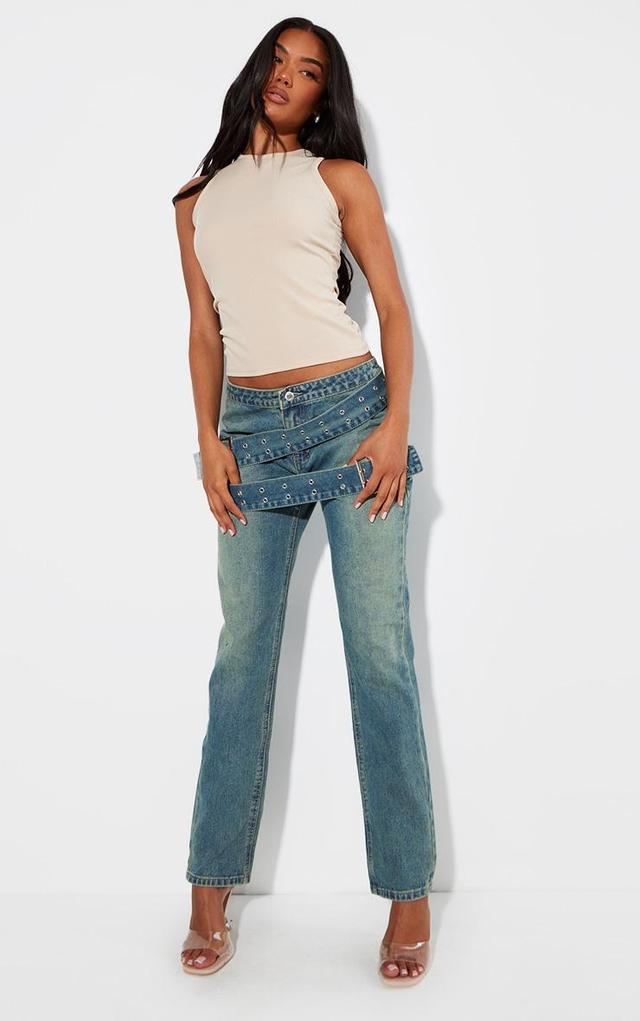 Green Tint Vintage Wash Cross Over Belt Detail Straight Leg Jeans Product Image