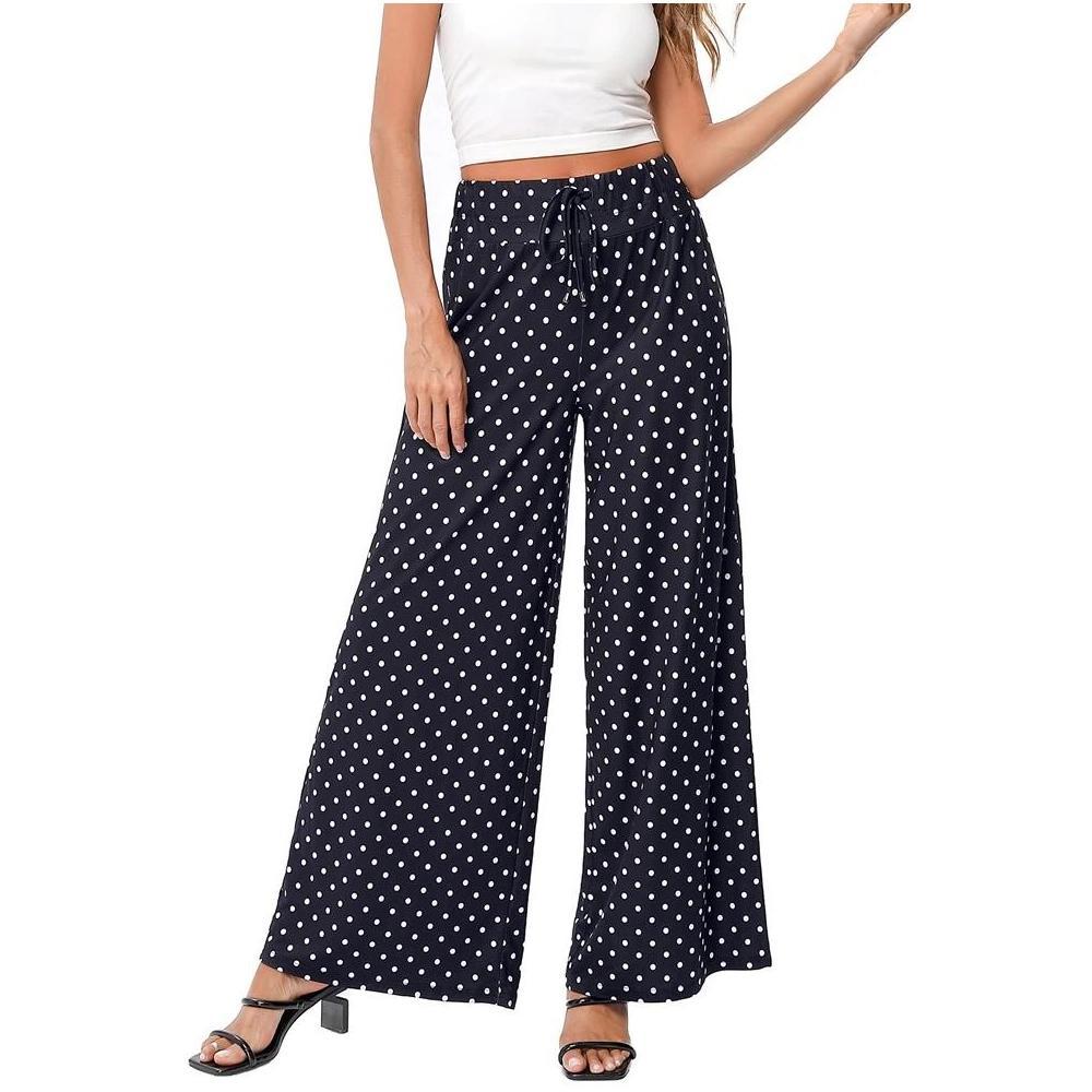 Whizmax Women's Wide Leg Pants Casual Palazzo Summer Flowy Pants Elastic High Waist Lounge Drawstring Long Trousers Polka Dots M Product Image