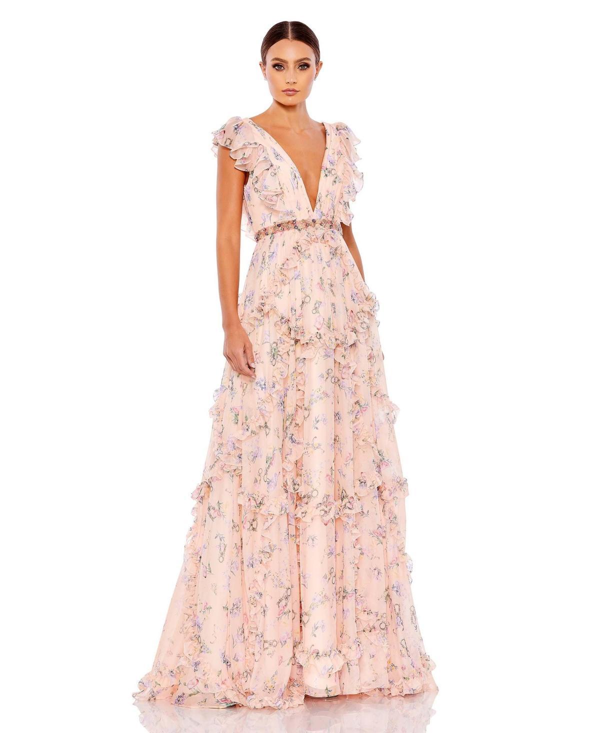 Mac Duggal Womens Ieena Ruffled Floral Print Cap Sleeve Gown Product Image