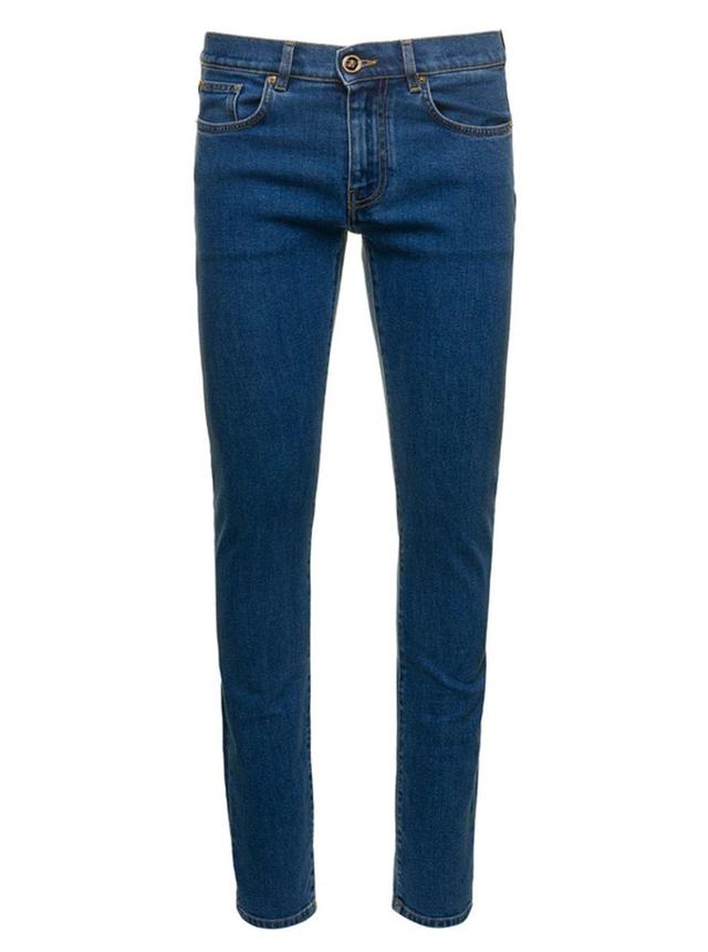 Blue Fitted Jeans With Logo Embroidered And Botton In Cotton Blend Denim Woman Product Image