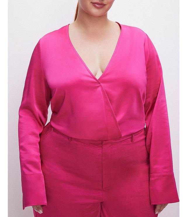 Good American Plus Size Satin Wrap V-Neck Long Sleeve Blouse Product Image