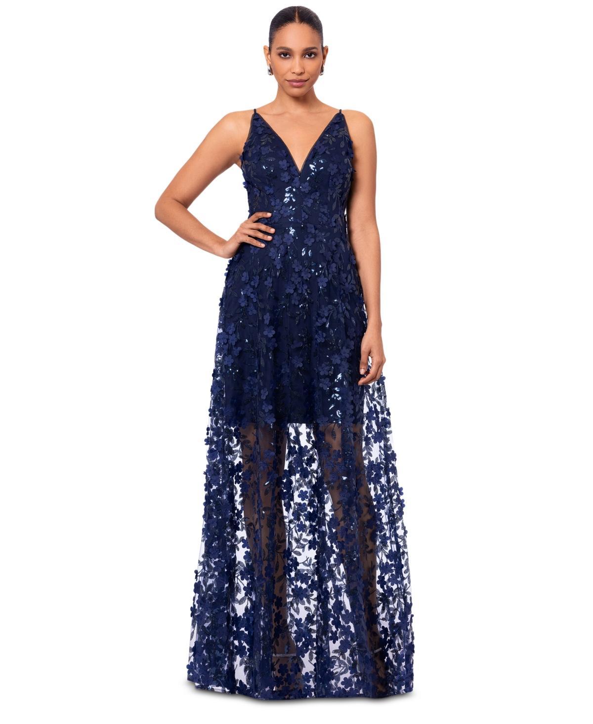 Xscape Womens 3D Floral-Applique Sequined Gown Product Image