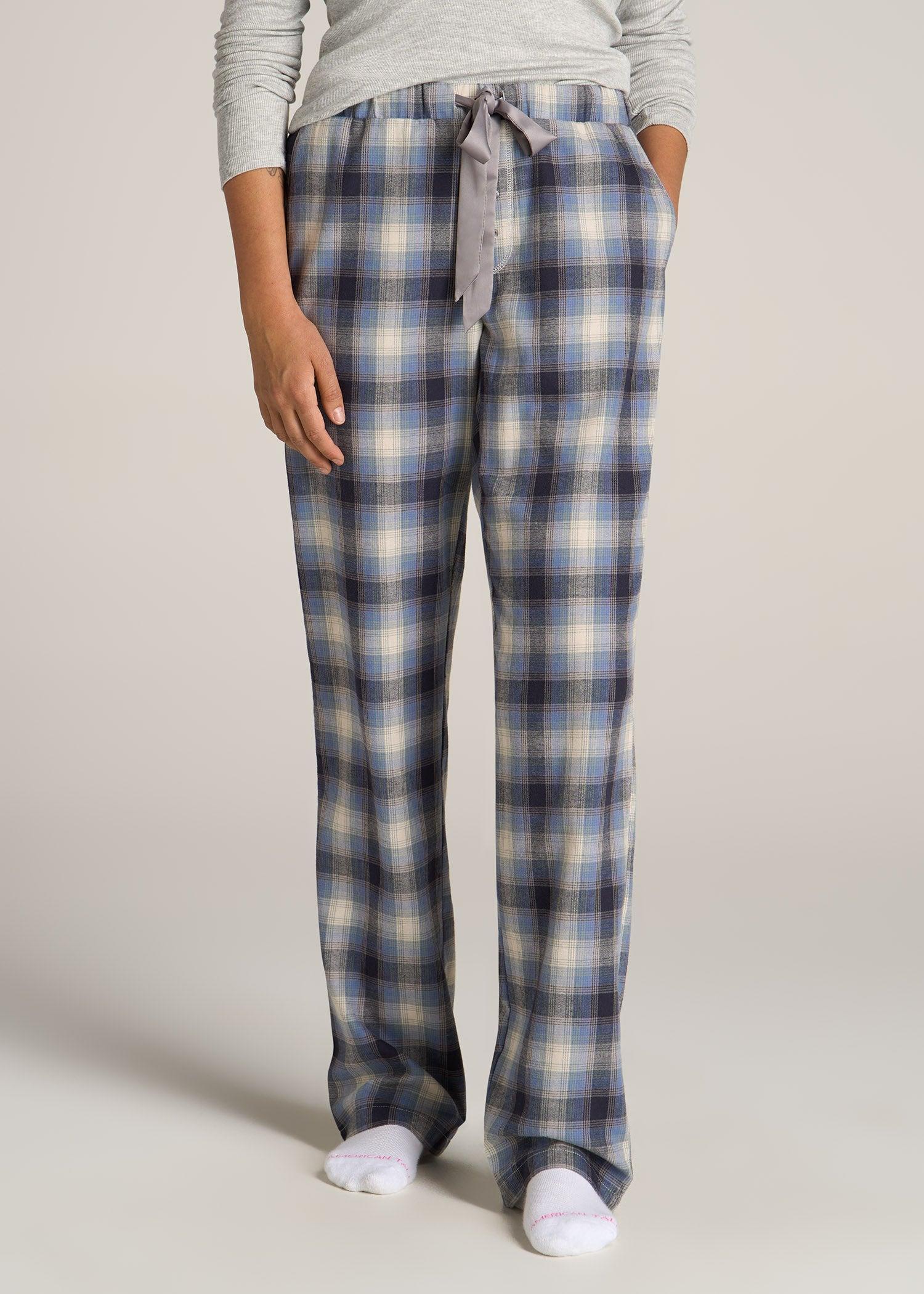 Open-Bottom Flannel Women's Tall Pajama Pants in Blue and Grey Weave Female Product Image