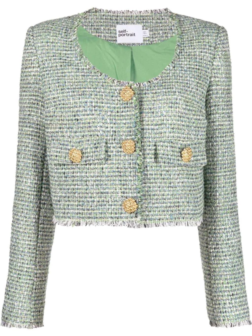 Cropped Button-embellished Metallic Bouclé-tweed Jacket In Green,blue,metallic Product Image