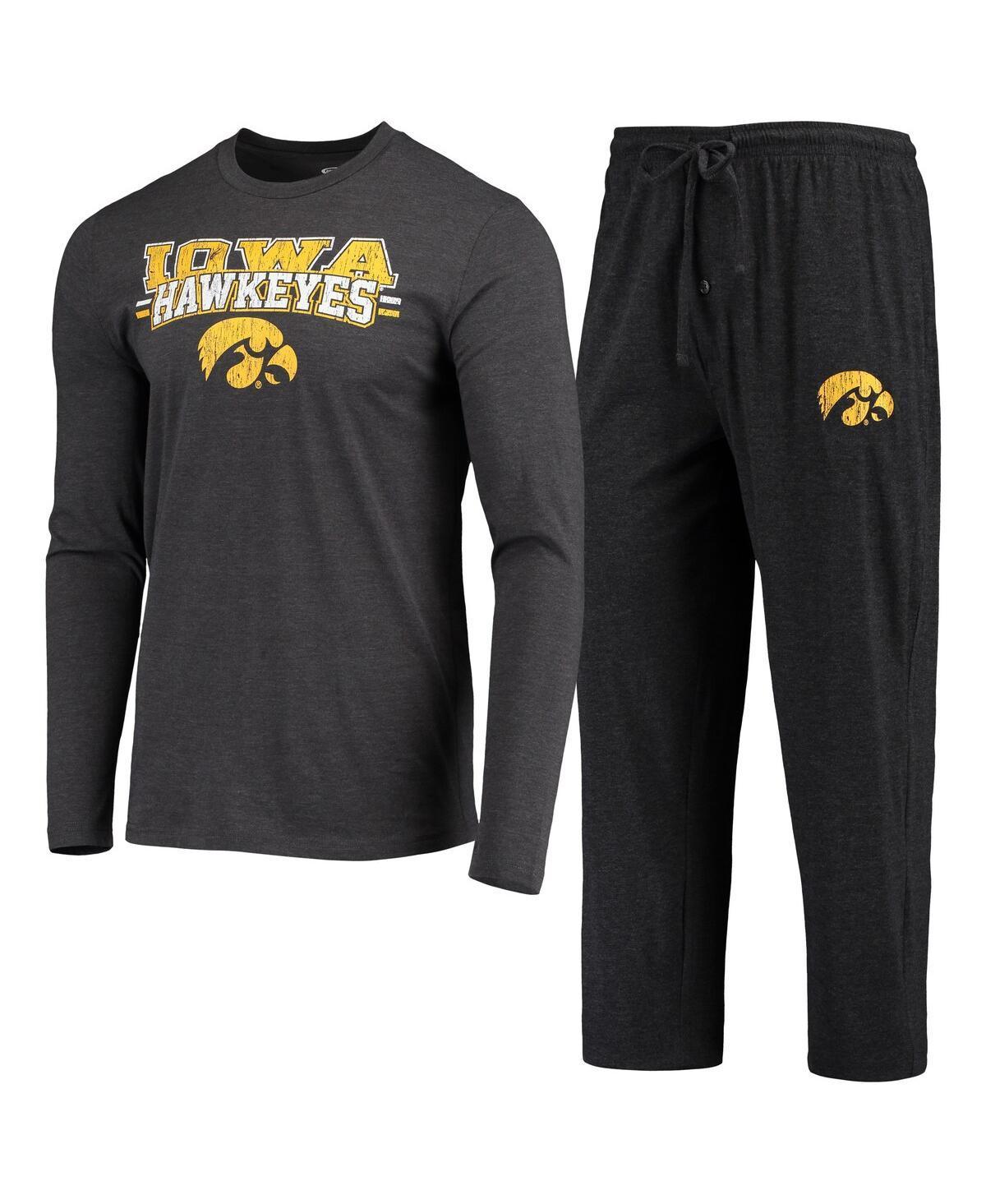 Mens Concepts Sport Black and Heathered Charcoal Iowa Hawkeyes Meter Long Sleeve T-shirt and Pants Sleep Set Product Image