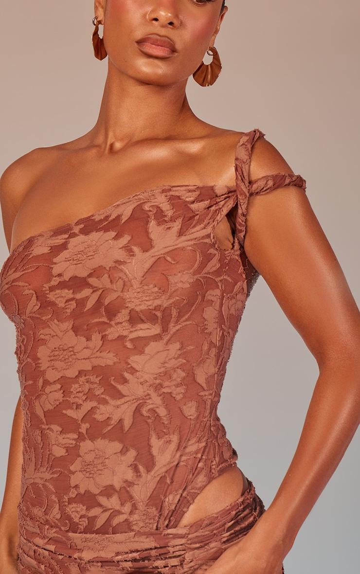 Mocha Floral Sheer Burnout Asymmetric Twist Detail Strap Bodysuit Product Image