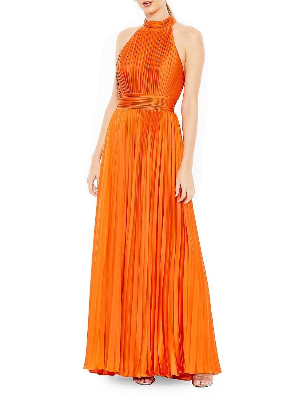 Womens Pleated Satin Halter Gown Product Image