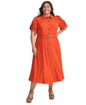 Plus Size Tulip-Sleeve Belted Shirtdress Product Image