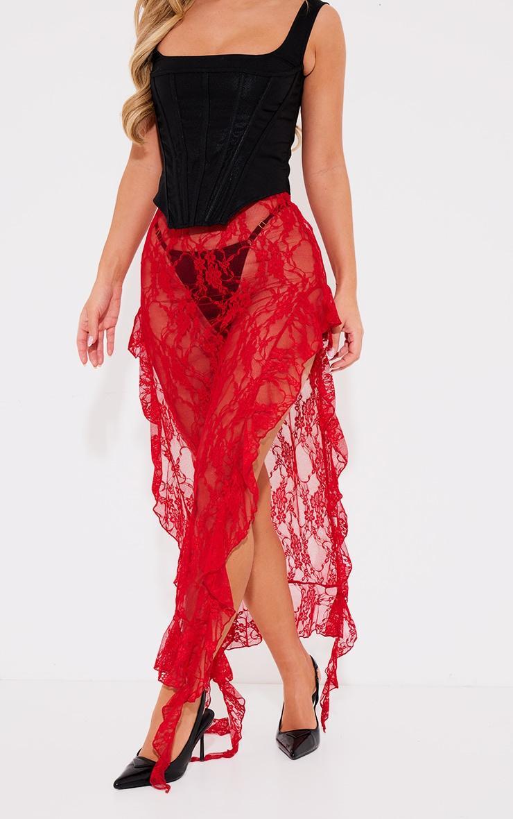 Cherry Red Lace Side Split Ruffle Detail Maxi Skirt Product Image