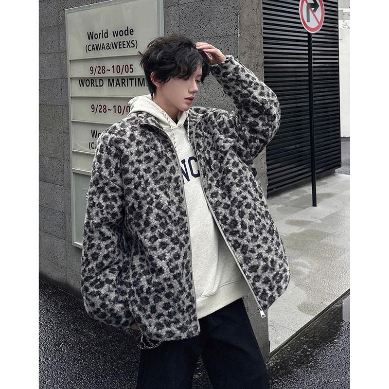 Stand Collar Leopard Patterned Fleece Zip Puffer Jacket Product Image