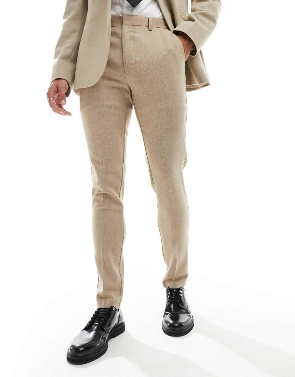 ASOS DESIGN skinny fit wool mix suit pants in camel basketweave Product Image