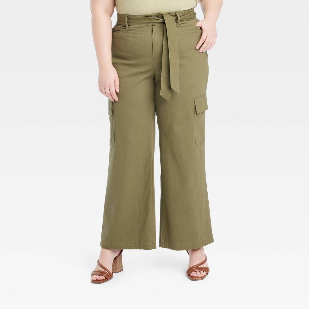 Womens High-Rise Wide Leg Cargo Pants - Ava & Viv Olive 30 product image