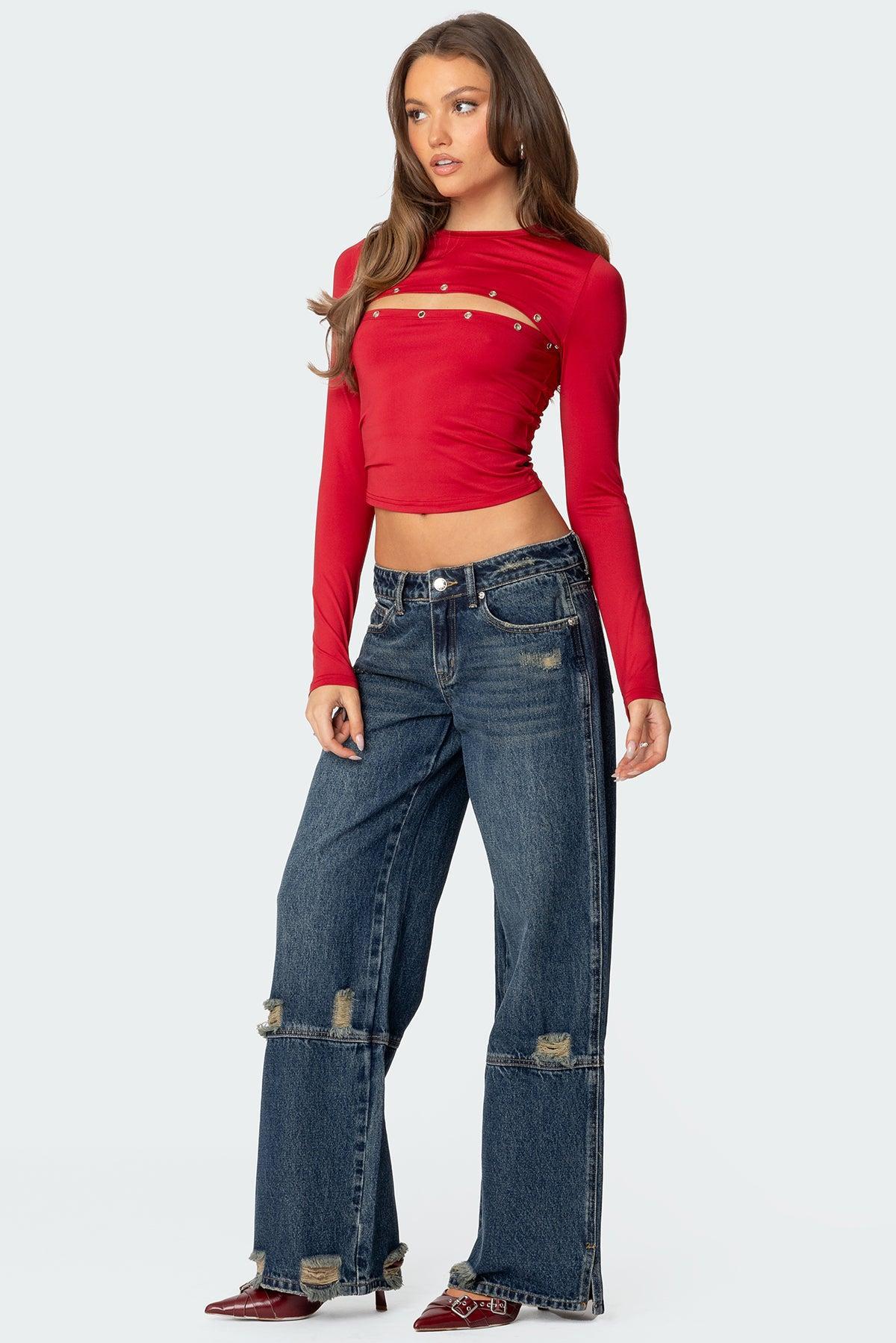 Slitted Distressed Low Rise Jeans Product Image