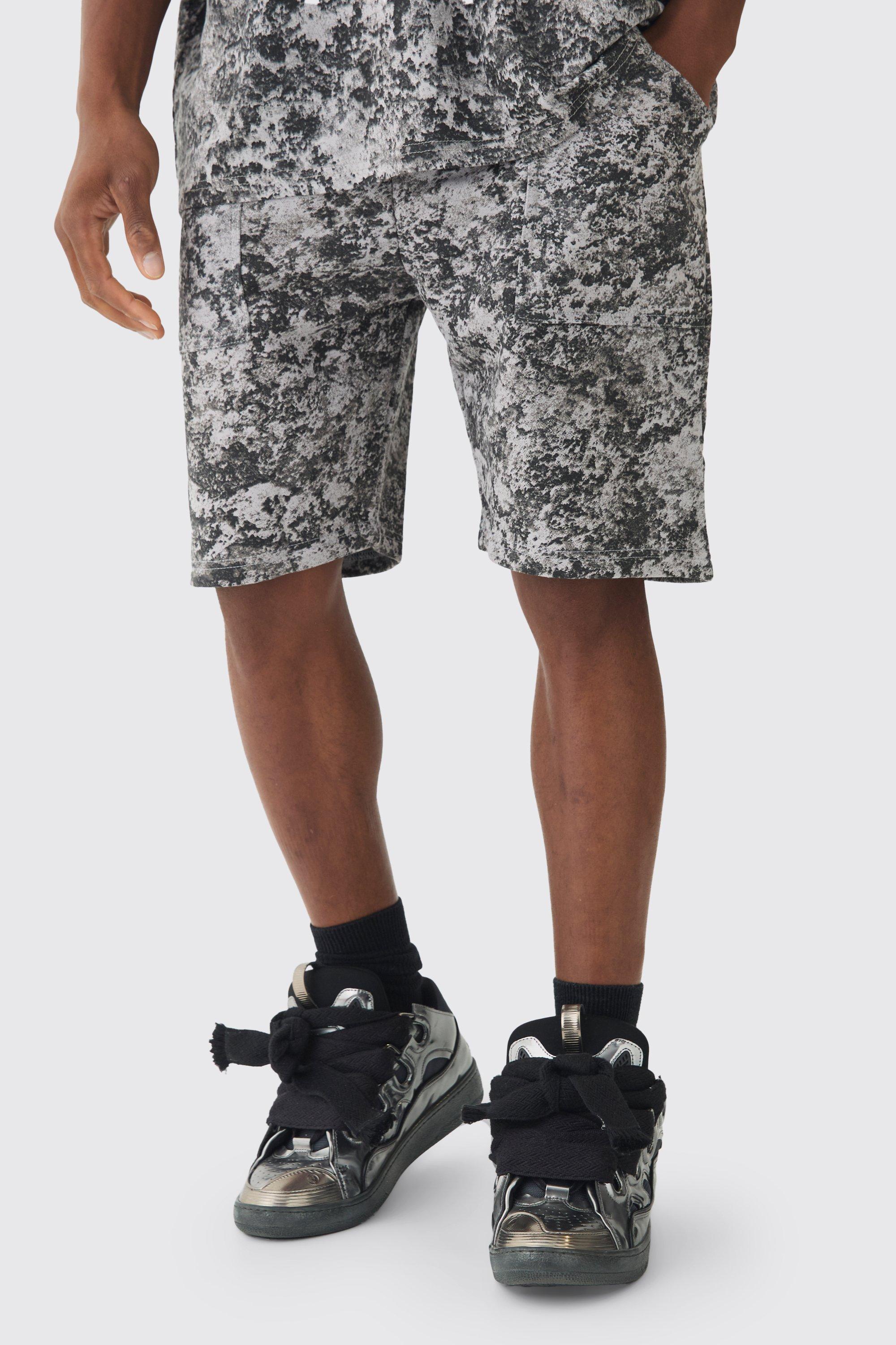 Relaxed Mid Length Abstract Printed Shorts | boohooMAN USA Product Image