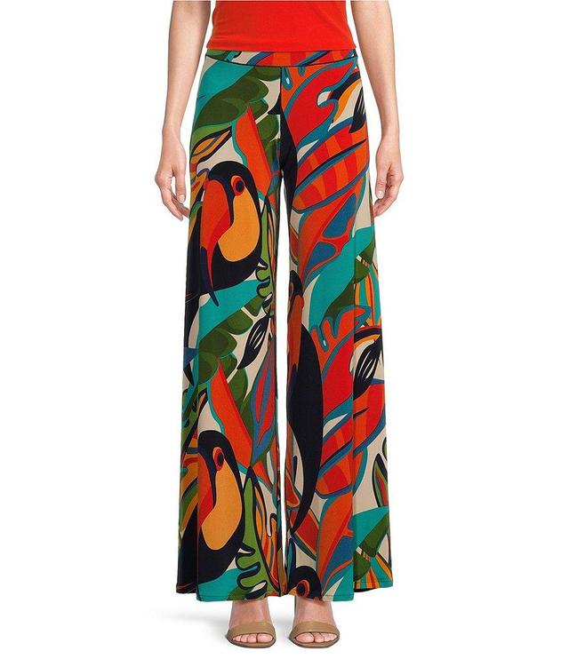 Eva Varro Toucan Tropical Leaf Print Knit Jersey Elastic Waist Wide-Leg Pull-On Pants Product Image