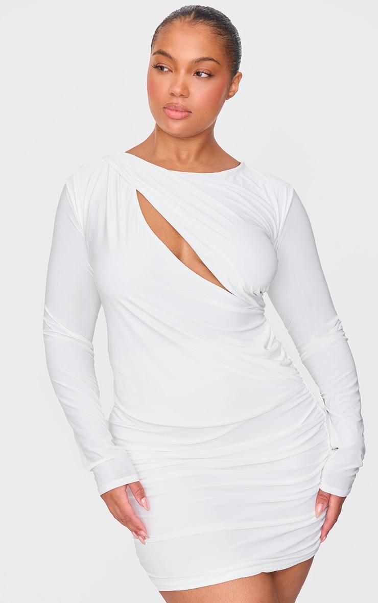 Premium White Double Layer Extreme Plunge Drape Bodycon Dress Product Image