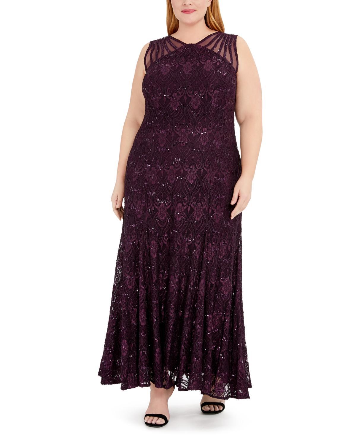 R  M Richards Illusion Shoulder High V-Neck Sleeveless Lace Sheath Gown Product Image