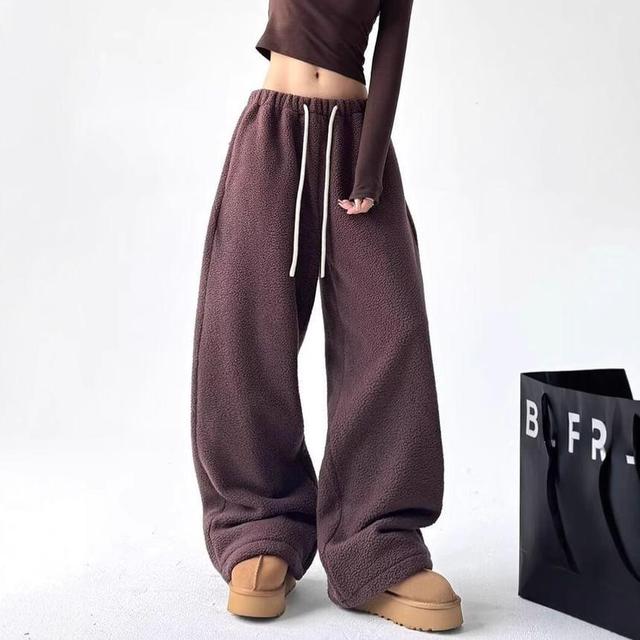 Mid Rise Plain Fleece Wide Leg Sweatpants Product Image