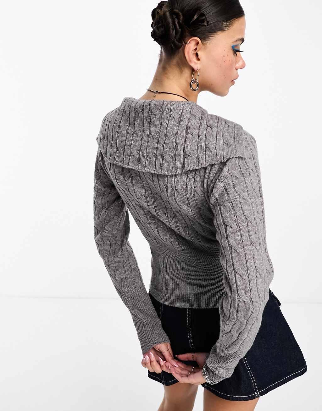 COLLUSION cable knit oversized collar zip through sweater in gray heather Product Image