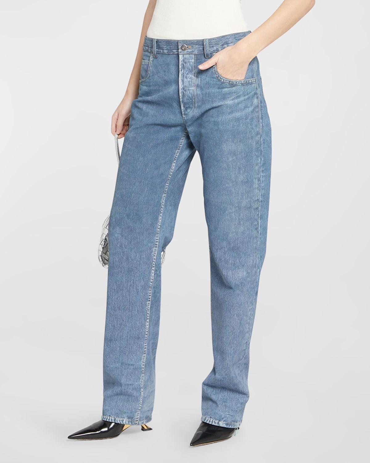 Bottega Veneta Denim Print High Waist Leather Jeans Product Image