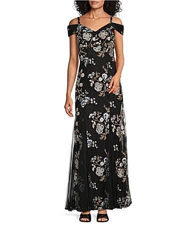 R  M Richards Embroidered Floral Metallic Tulle Off-The-Shoulder Cap Sleeve Godet Trumpet Gown Product Image