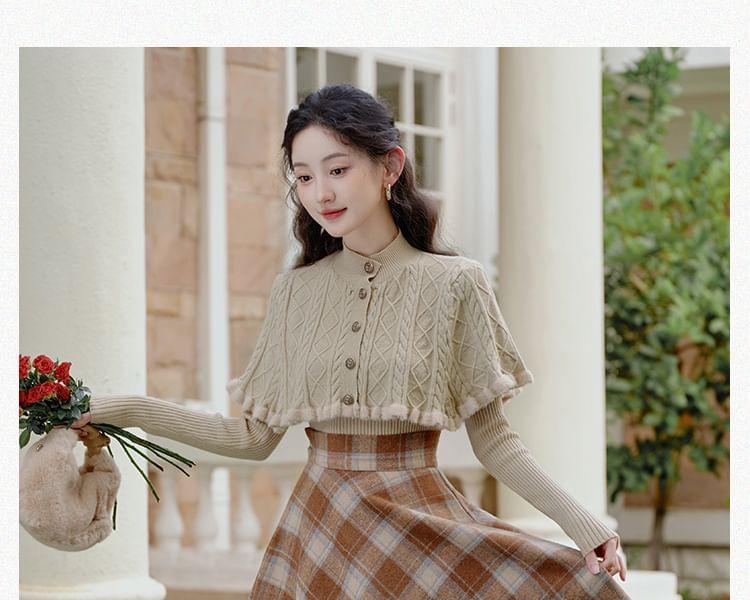 Set: Long-Sleeve Plain Knit Top + Stand Collar Button-Up Capelet + High Rise Plaid Midi A-Line Skirt Product Image