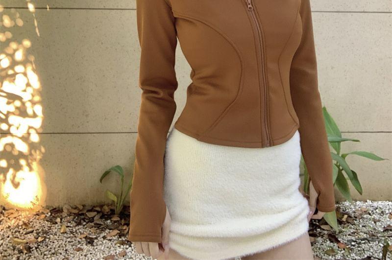 Stand Collar Plain Zip-Up Crop Jacket Product Image