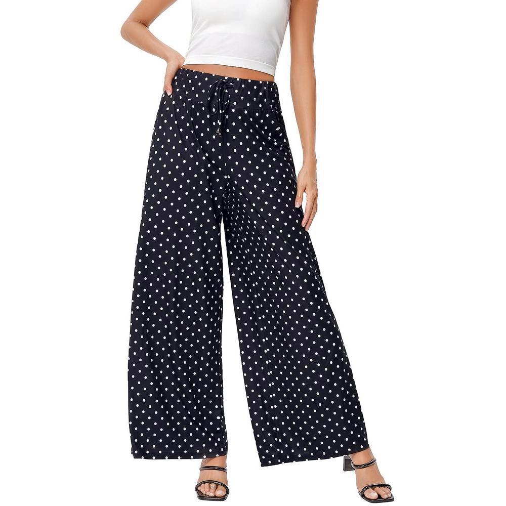 Whizmax Women's Wide Leg Pants Casual Palazzo Summer Flowy Pants Elastic High Waist Lounge Drawstring Long Trousers Polka Dots M Product Image