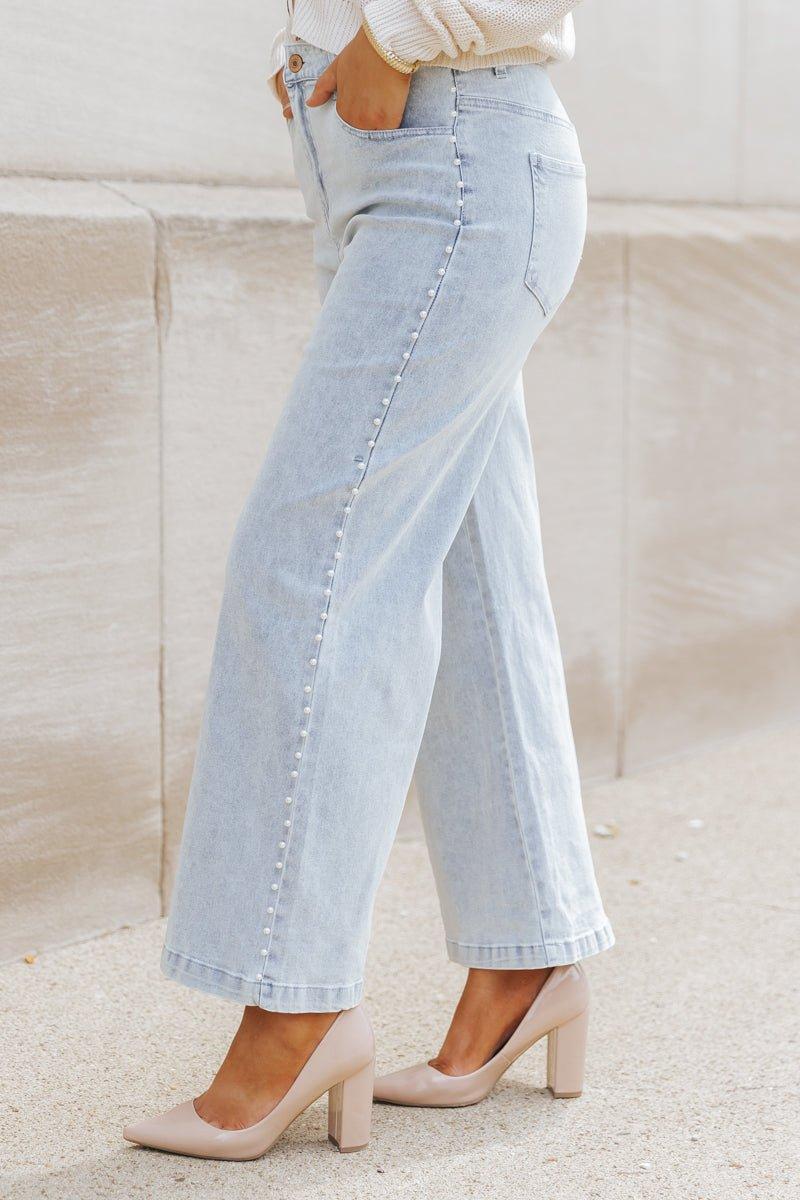 Light Wash Pearl Detail Cropped Jeans - DOORBUSTER Product Image