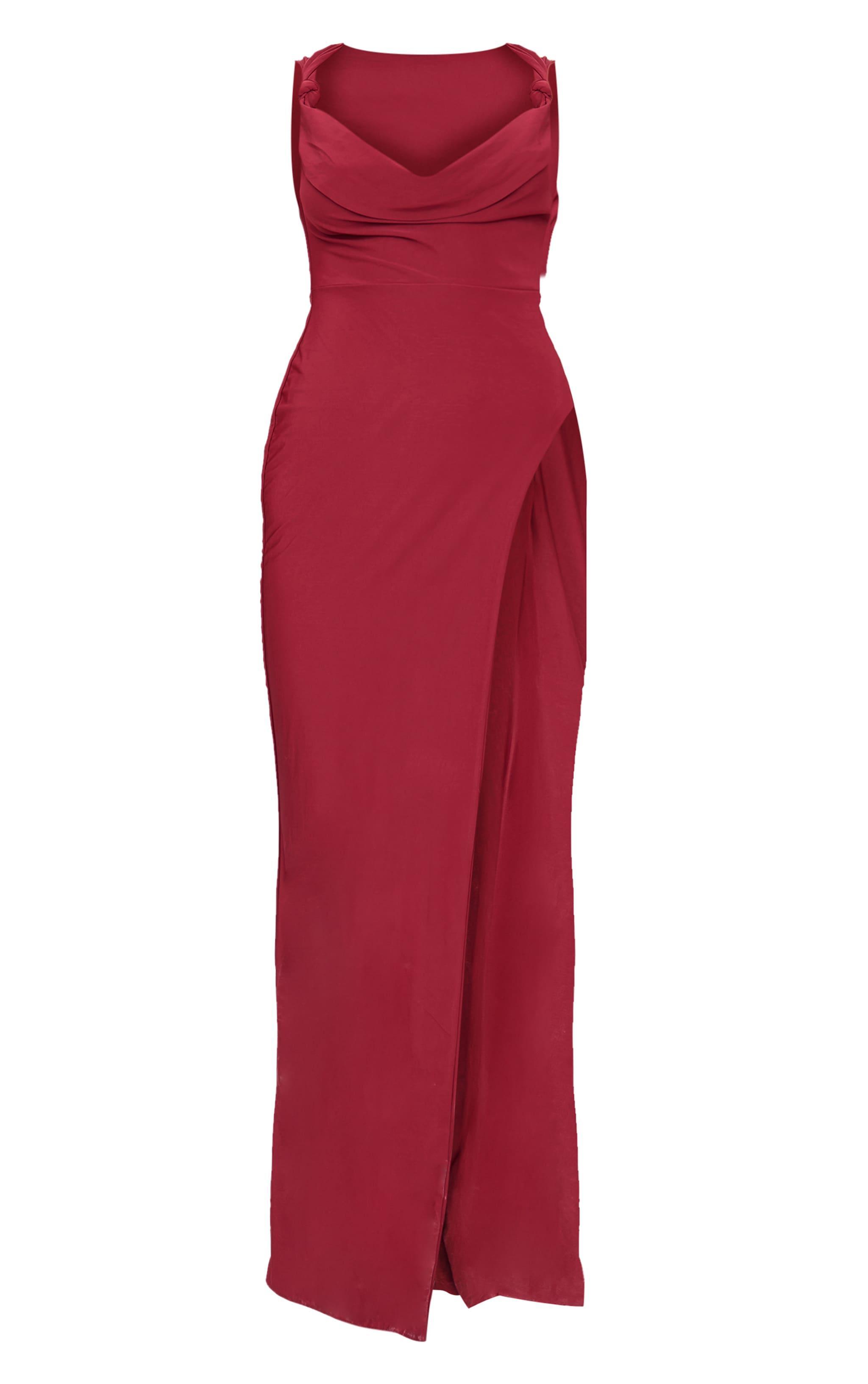 Burgundy Double Layer Draped Knotted Split Maxi Dress Product Image