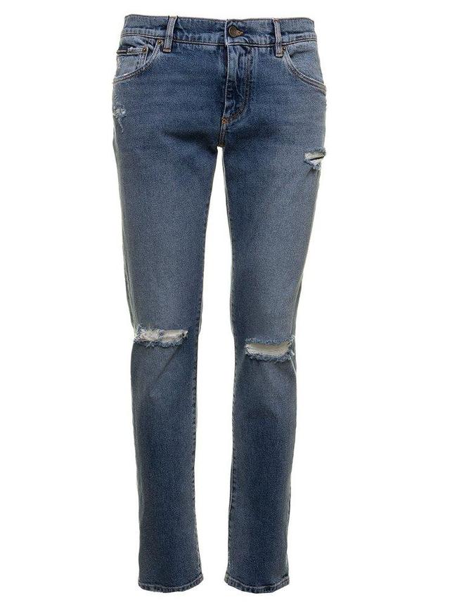 Distressed Logo Patch Skinny Jeans In Blue Product Image