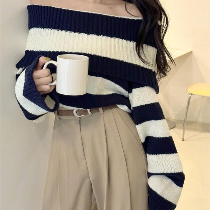 Off-Shoulder Striped Sweater Product Image