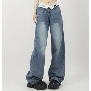 Low Waist Lettering Washed Wide Leg Jeans product image