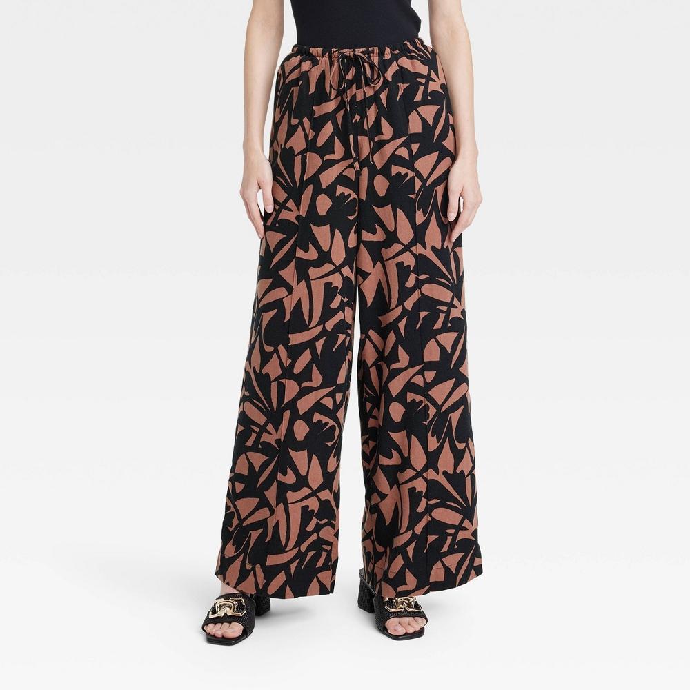 Womens High-Rise Wide Leg Linen Pull-On Pants - A New Day Black/Brown Geometric L Product Image