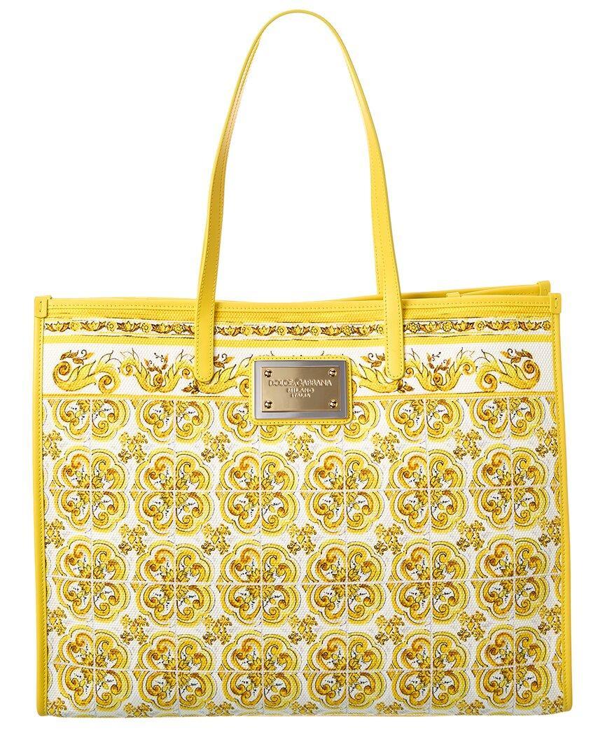 Large Majolica Canvas & Leather Tote In Yellow Product Image