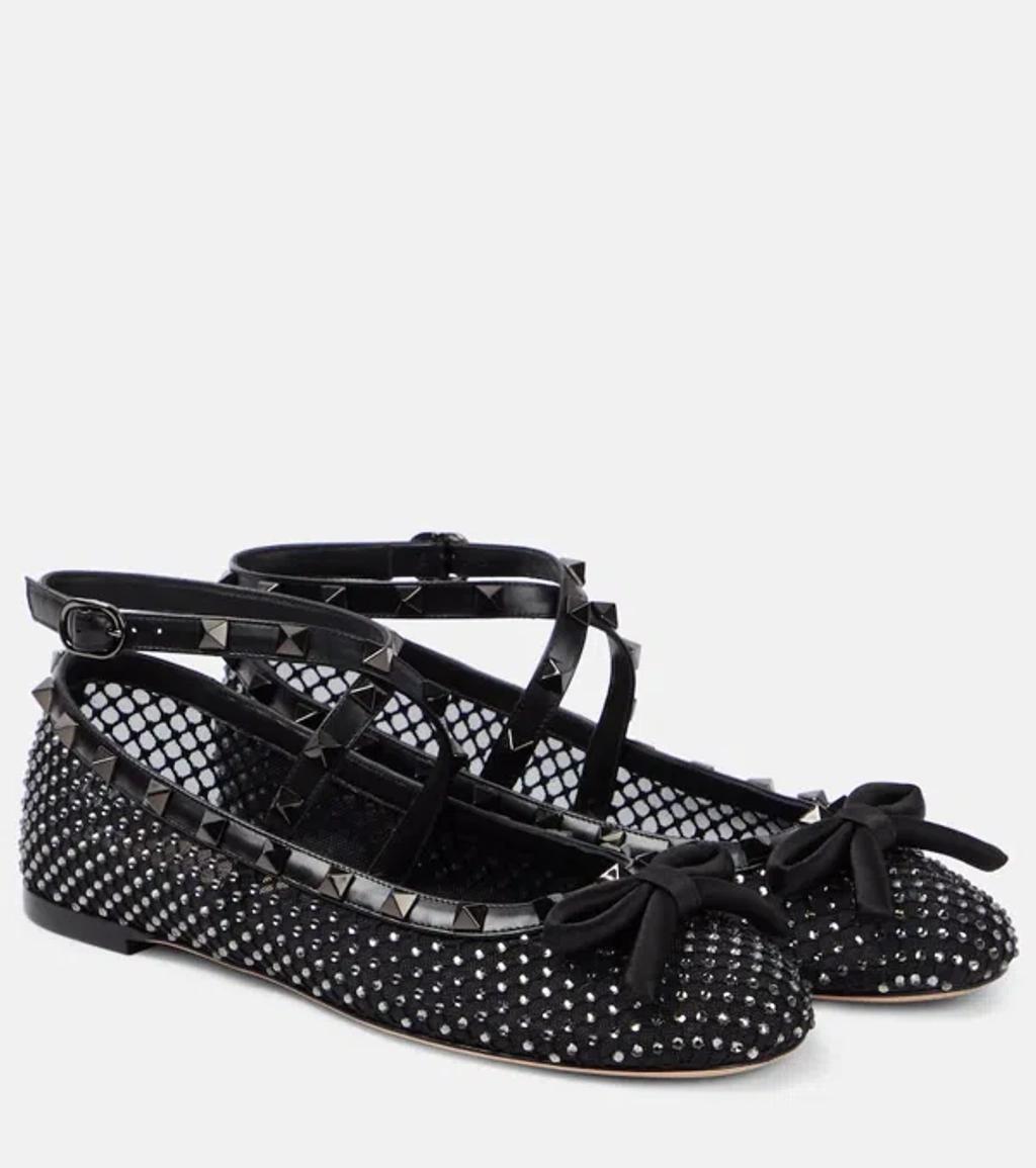 Black Leather And Mesh Rockstud Ballerinas Product Image