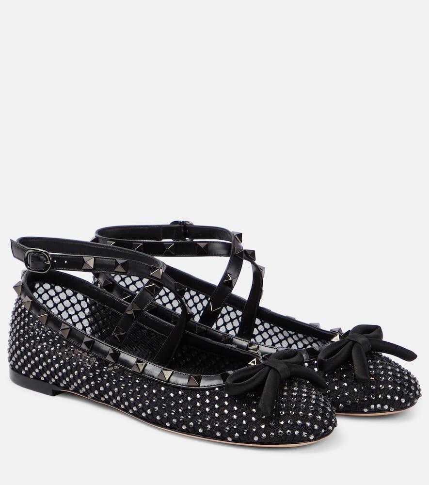 Black Leather And Mesh Rockstud Ballerinas Product Image