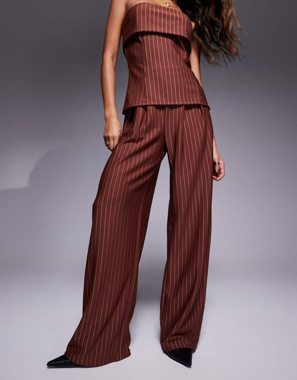 ASOS DESIGN wide leg pants in chocolate pin stripe - part of a set Product Image