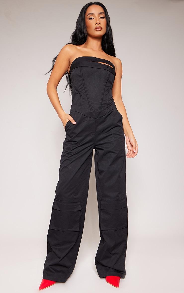 Black Corset Detail Utility Flared Bandeau Jumpsuit Product Image