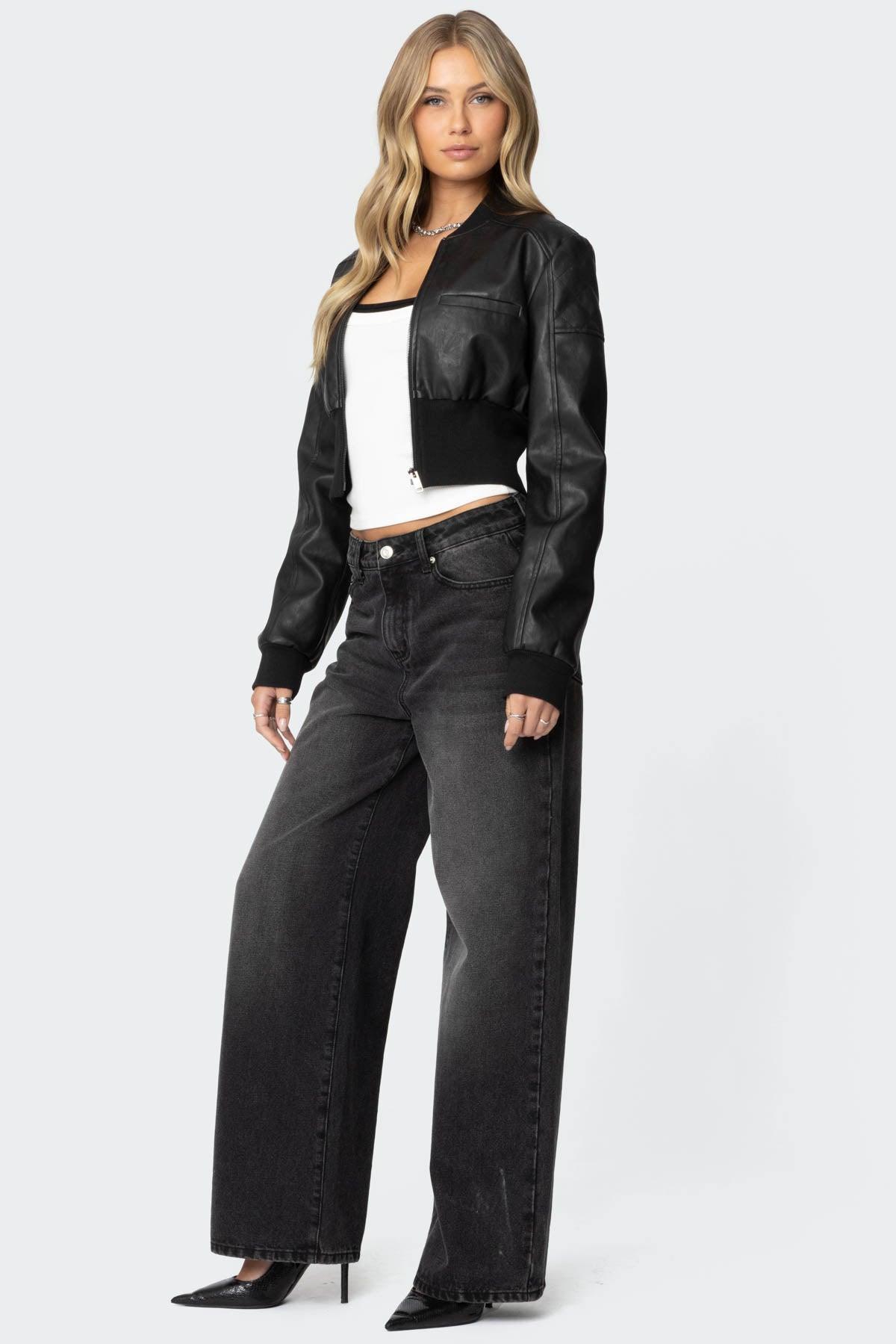 Cropped Faux Leather Bomber Jacket Product Image