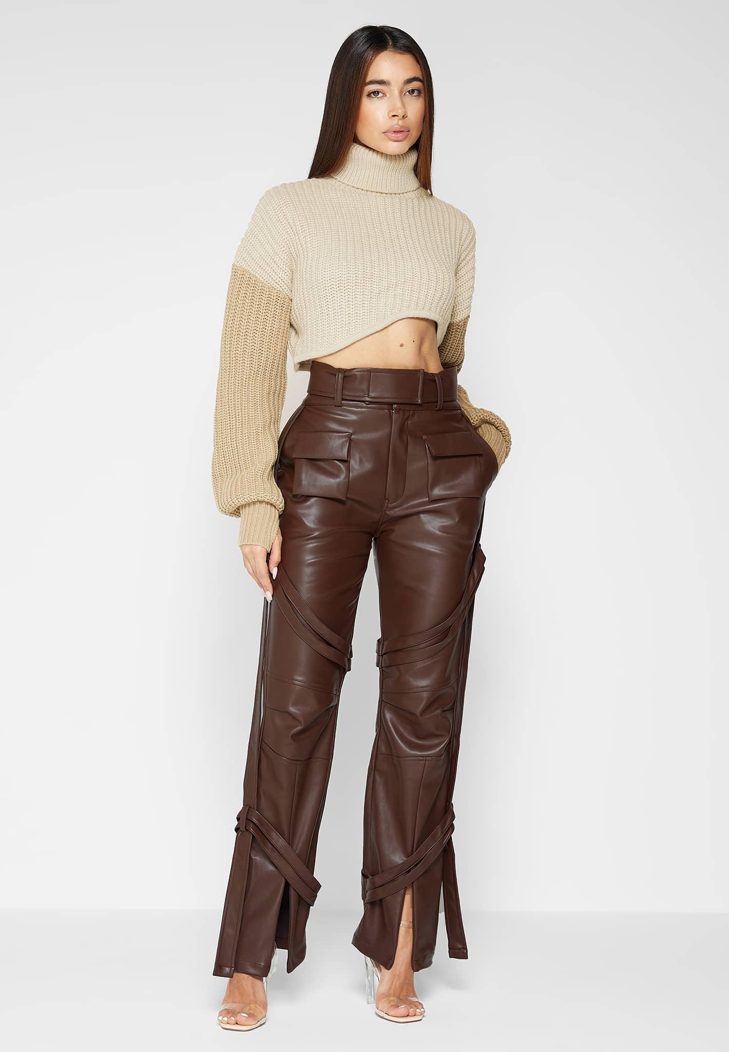 Vegan Leather Carpenter Cargo Trousers - Brown Female Product Image