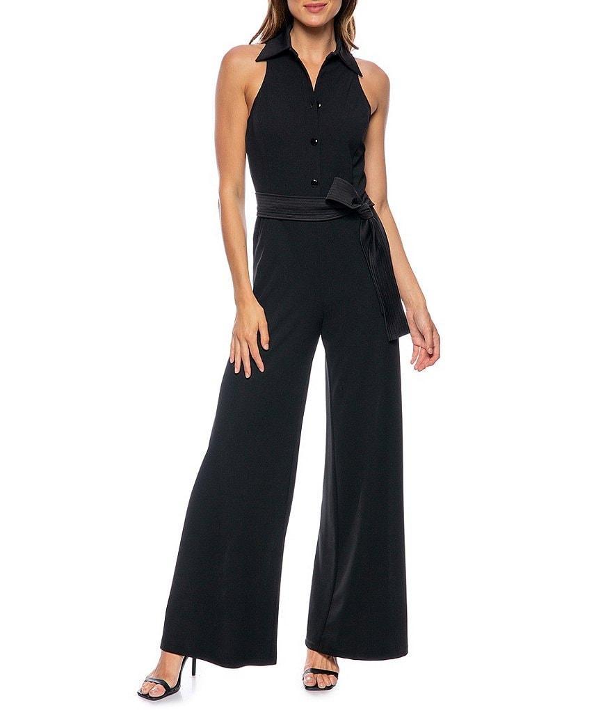 Marina Collared Sleeveless Tie Waist Scuba Crepe Jumpsuit Product Image