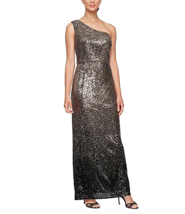 Alex Evenings One Shoulder Asymmetrical Neckline Sleeveless Ombre Sequin Dress Product Image