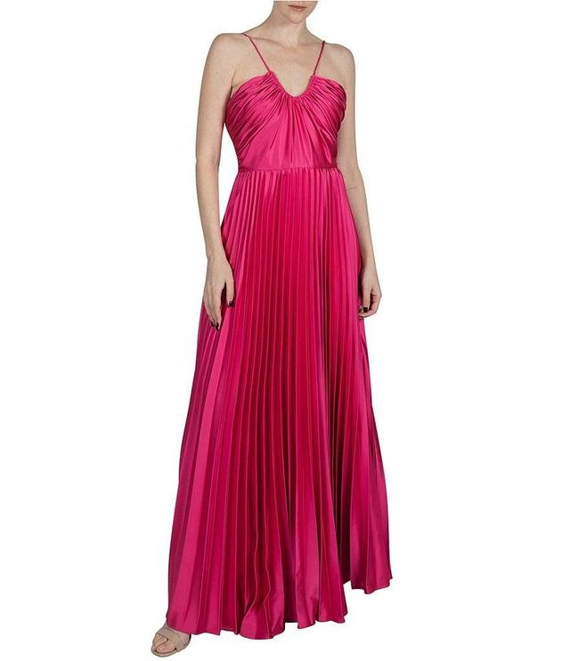 Julia Jordan Pleated Satin Halter Neckline Sleeveless Gown Product Image