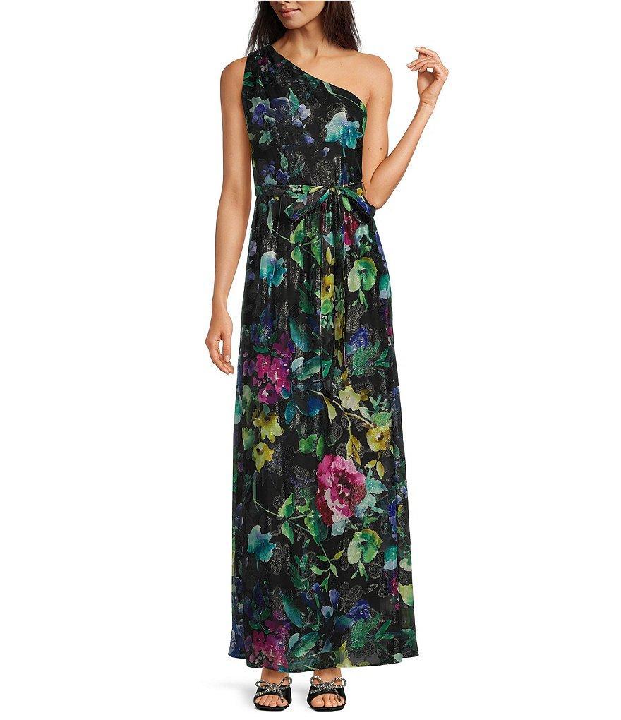 Ignite Evenings Sleeveless One Shoulder Tie Waist Floral Maxi Dress Product Image