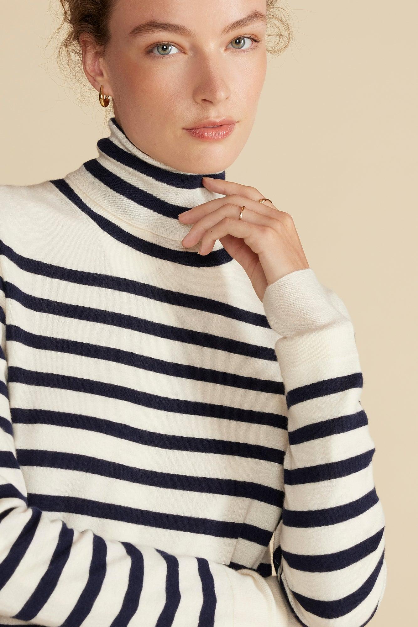 Carrie Turtleneck Cashmere Sweater - Ivory and Navy Blue Stripe Product Image