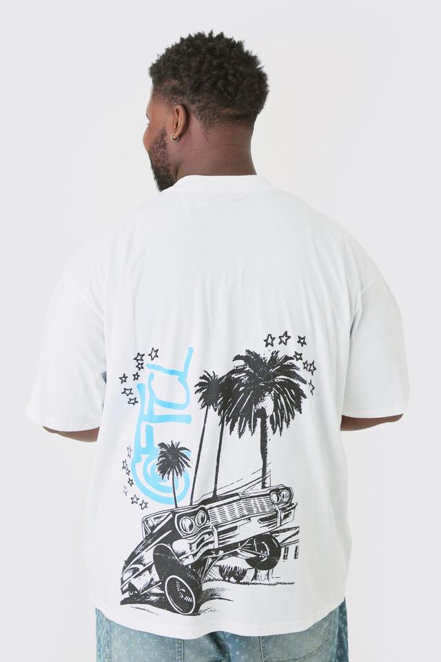 Mens Plus Oversized OFCL Back Print Car T-shirt In White, White Product Image