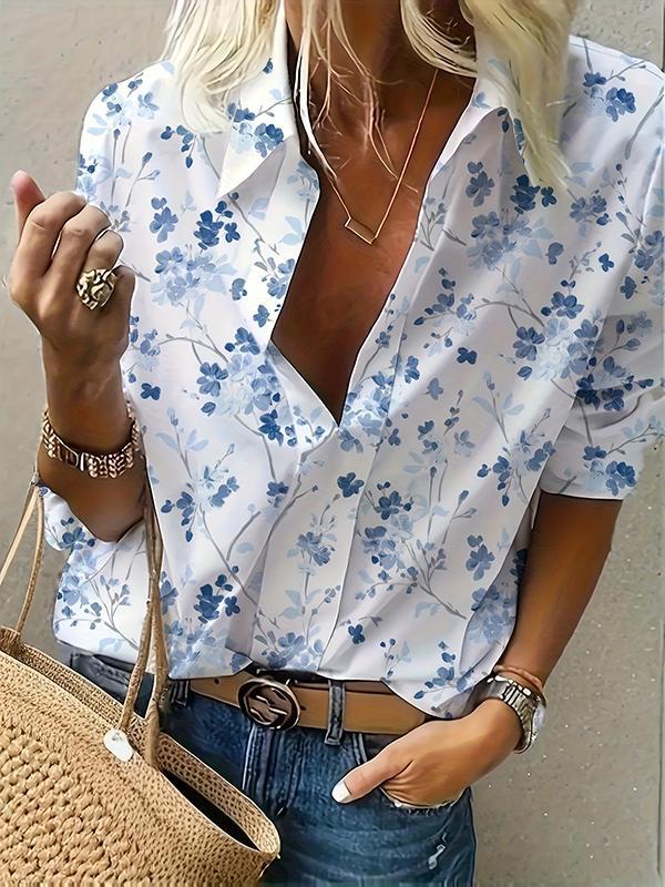 Long Sleeves Loose Flower Print Split-Joint Lapel Blouses&Shirts Tops Product Image