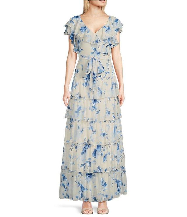 Lauren Ralph Lauren Floral Georgette V-Neck Short Flutter Sleeve Tie Waist Tiered Dress Product Image