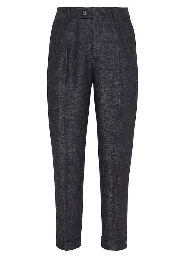 Mens Denim Effect Linen Leisure Fit Trousers With Pleat Product Image